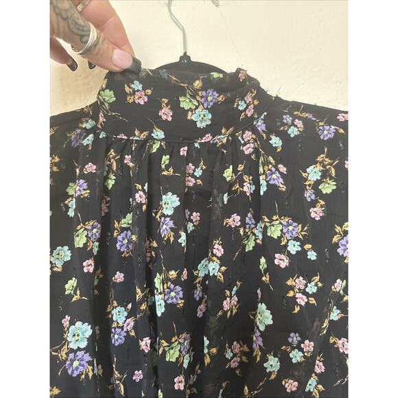 Zara Crop Black Sheer Floral Blouse Y2K Long Sleeve high mock neck keyhole sz S - Picture 4 of 15